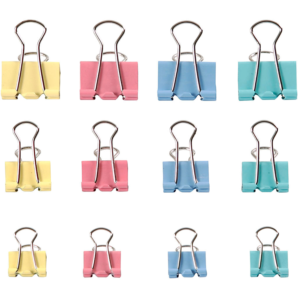 Foldback Clips, W: 15-19-25 mm, pastel colours, 30 asstd.