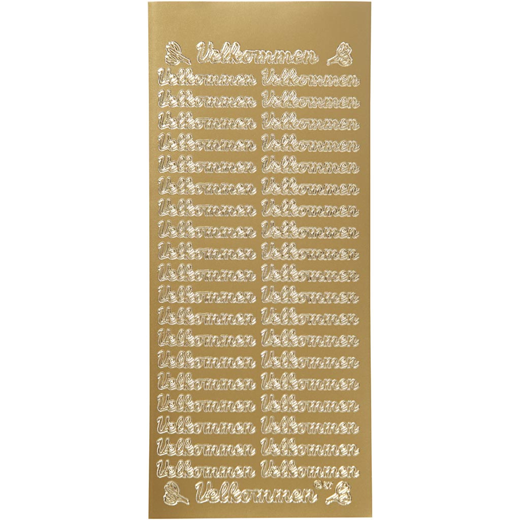 Stickers, velkommen, sheet 10x23 cm, gold, 1 sheet