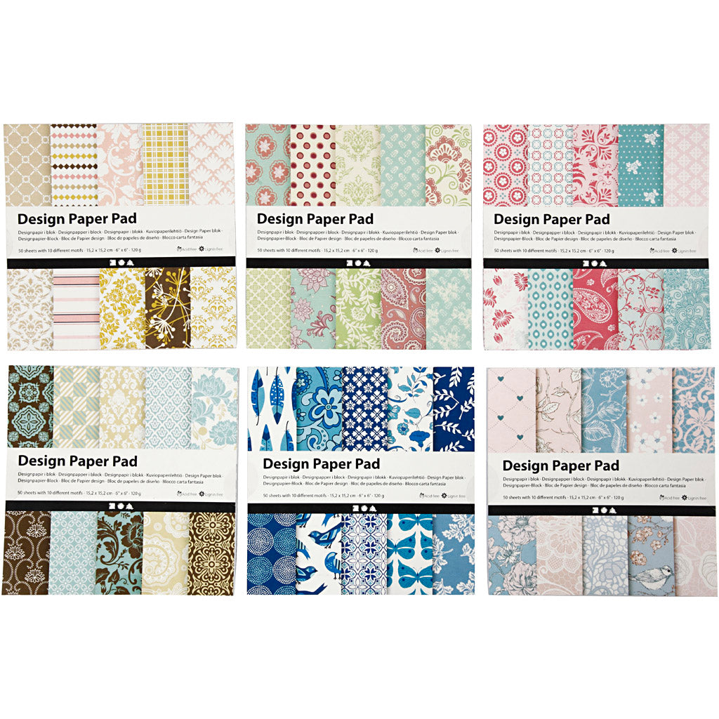 Design Paper Pad, sheet 15,2x15,2 cm, 120 g, assorted colours, 300 sheet, 6x50 sheet
