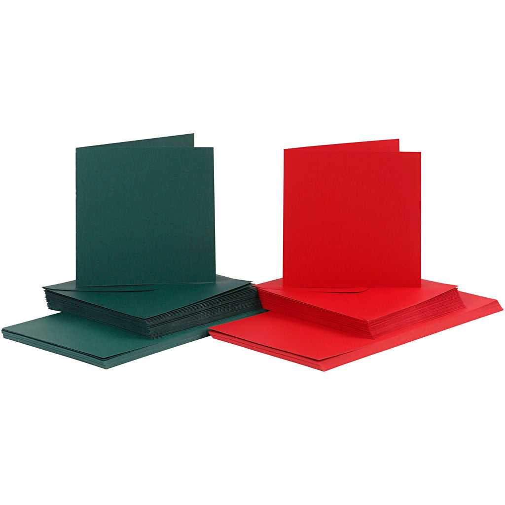 Cards and envelopes, card size 15x15 cm, envelope size 16x16 cm, 110+230 g, green, red, 50 set