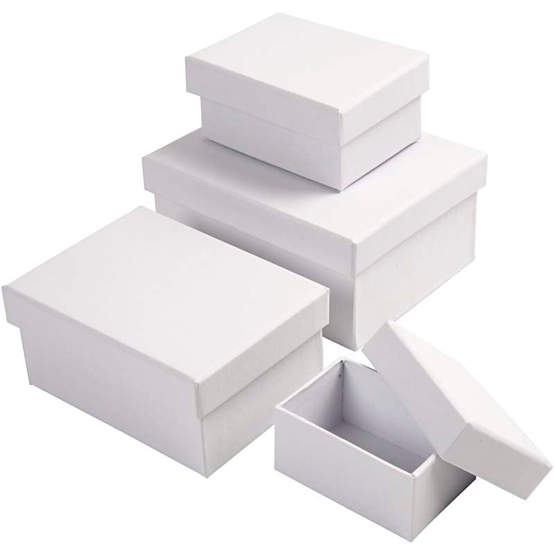 Rectangular Boxes, H: 3,5+4,5+5,5+6,5 cm, size 7,5x5 + 9,5x7 + 11,5x8,5 + 14x11 cm, white, 4 pc/ 1 set