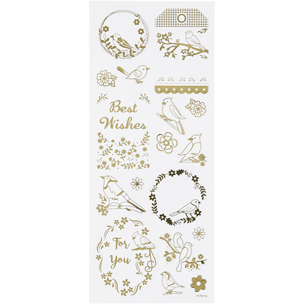 Stickers, birds, sheet 10x24 cm, ca. 17 pc, gold, 1 sheet