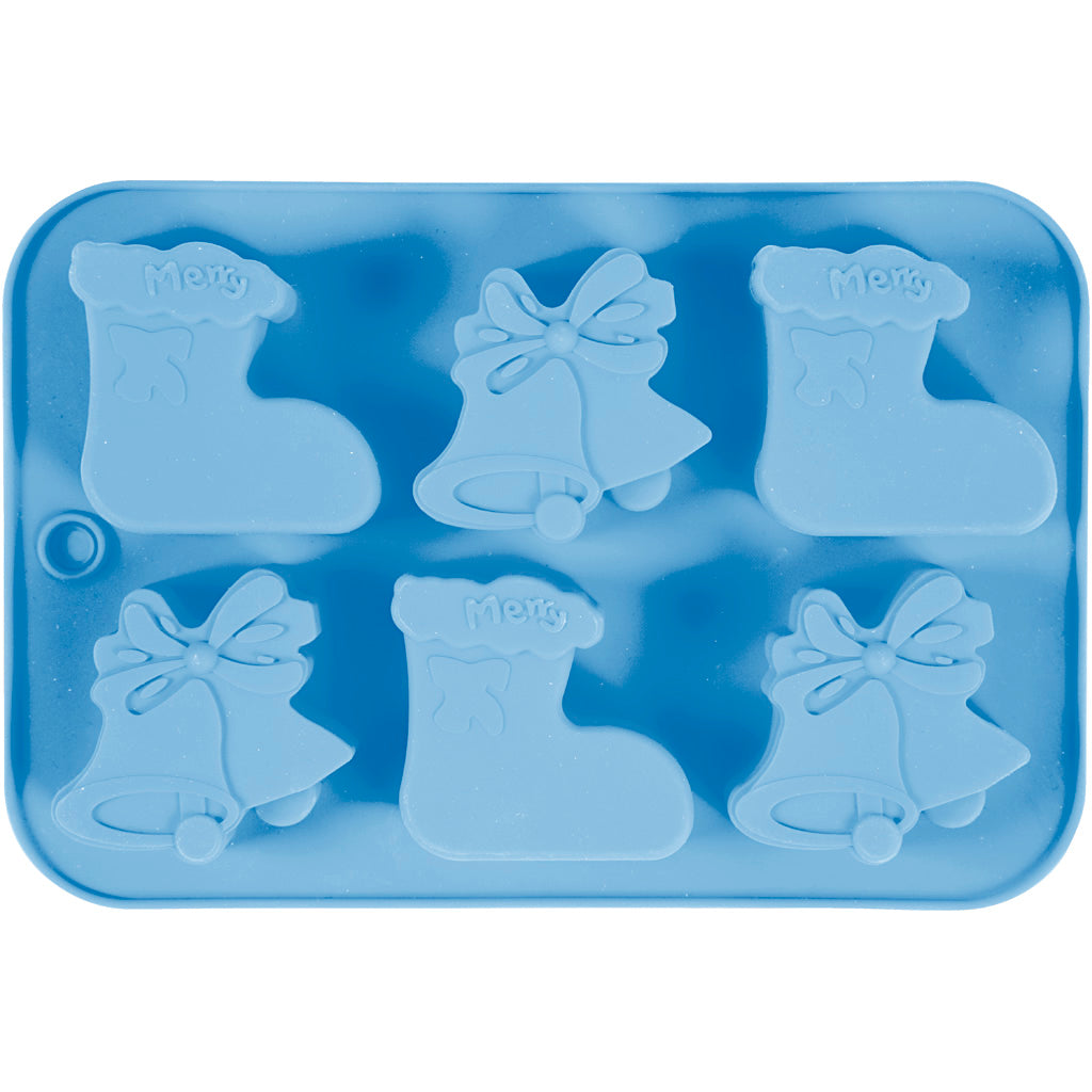 Silicone mould, christmas stockings and bells, hole size 60x75 mm, 12,5 ml