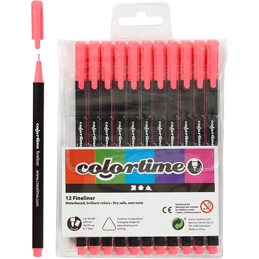 Colortime Fineliner Markers, line 0,6-0,7 mm, pink, 12 pc