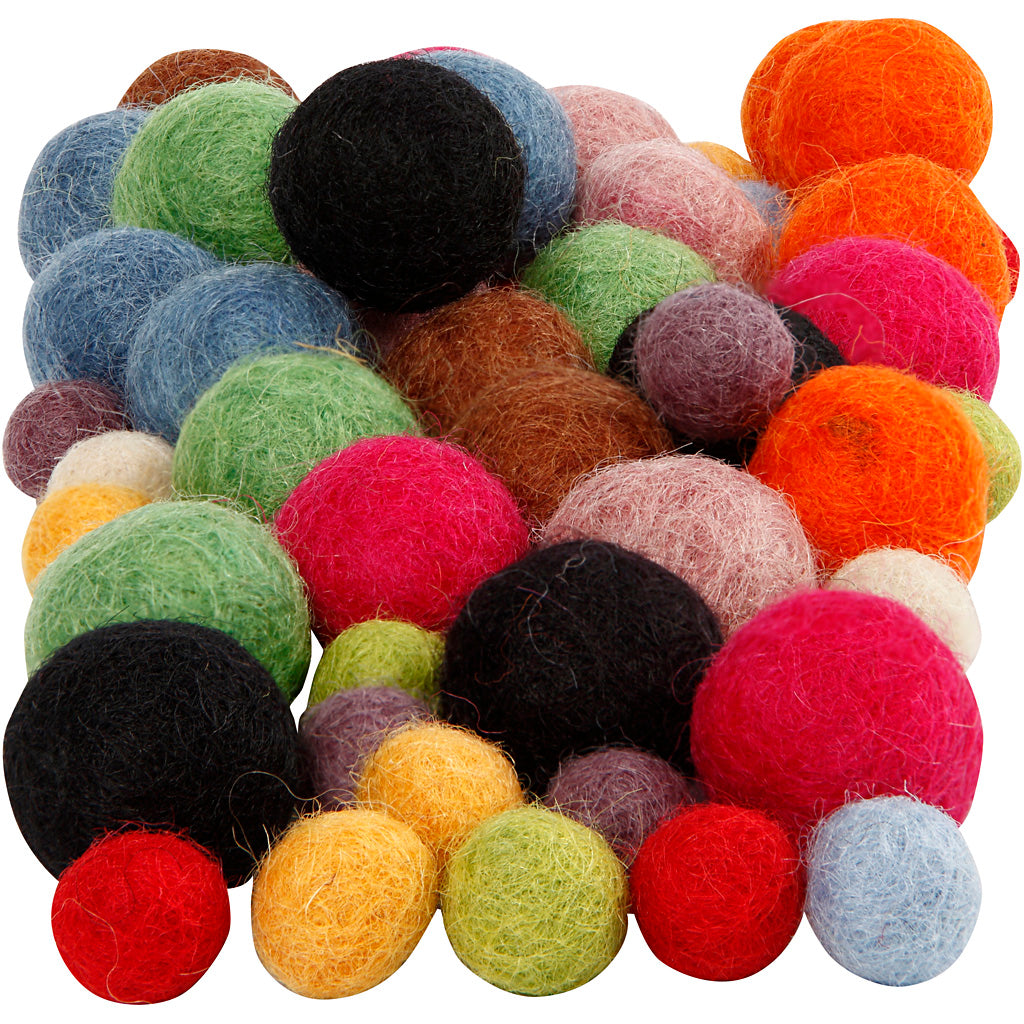 Felt Balls, dia. 10+20 mm, assorted colours, 52 pc