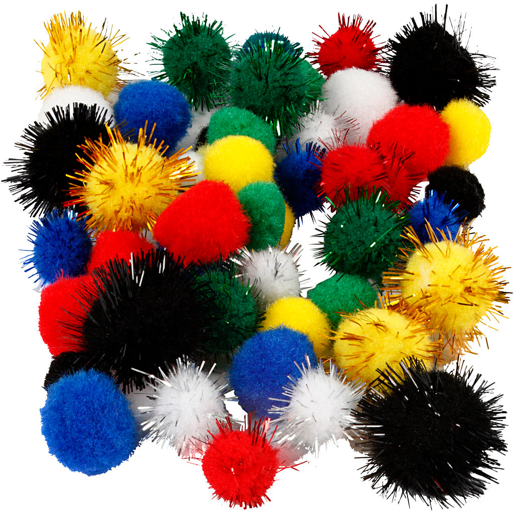 Pom poms, dia. 15+20 mm, assorted colours, 48 asstd.