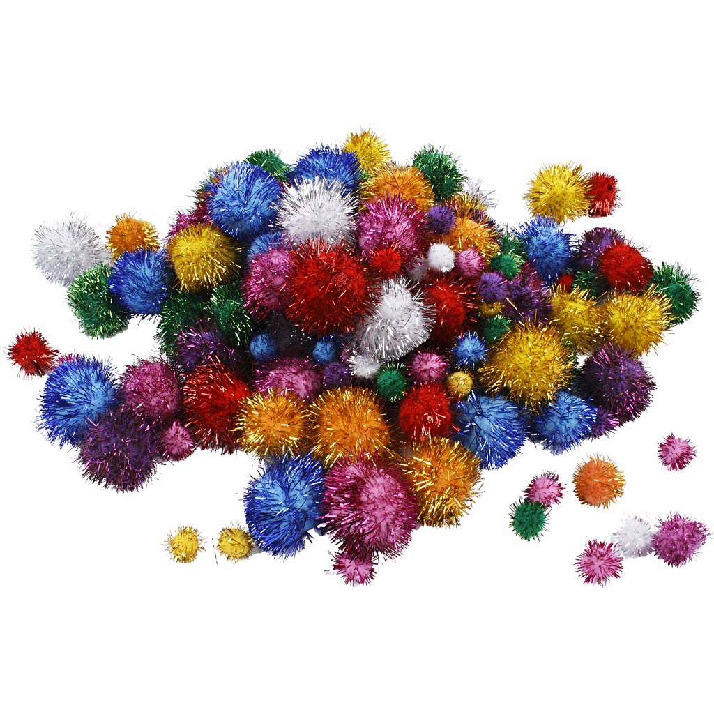 Pompoms, dia. 15-40 mm, glitter, ca. 75 pc, bold colours, 62 g