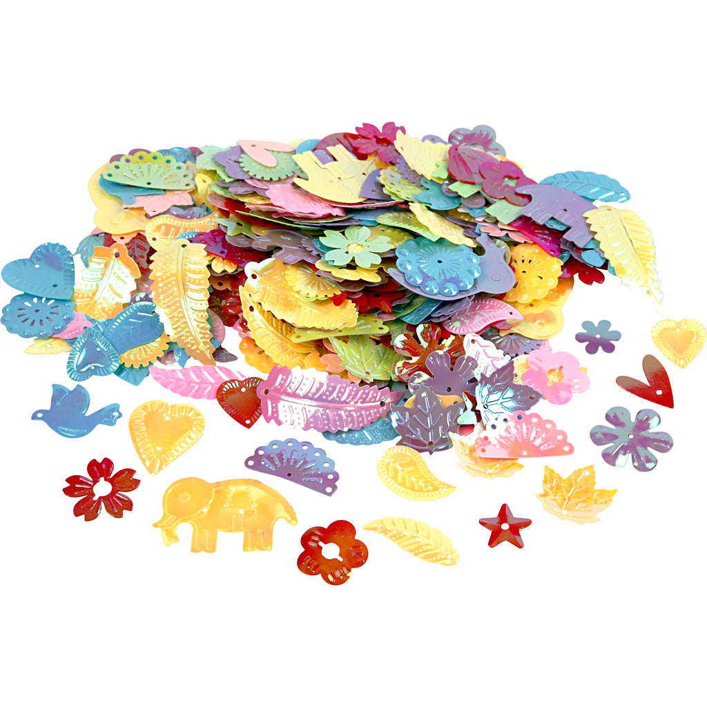 Sequins, size 15-45 mm, mother of pearl colours, 400 g
