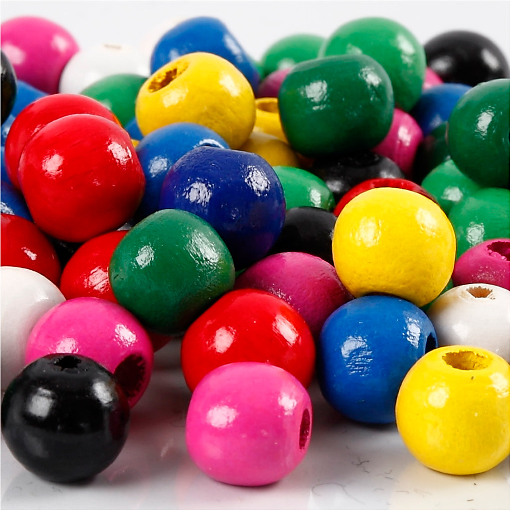 Wooden Beads Mix, dia. 10 mm, hole size 3 mm, ca. 680 asstd., assorted colours, 230 g