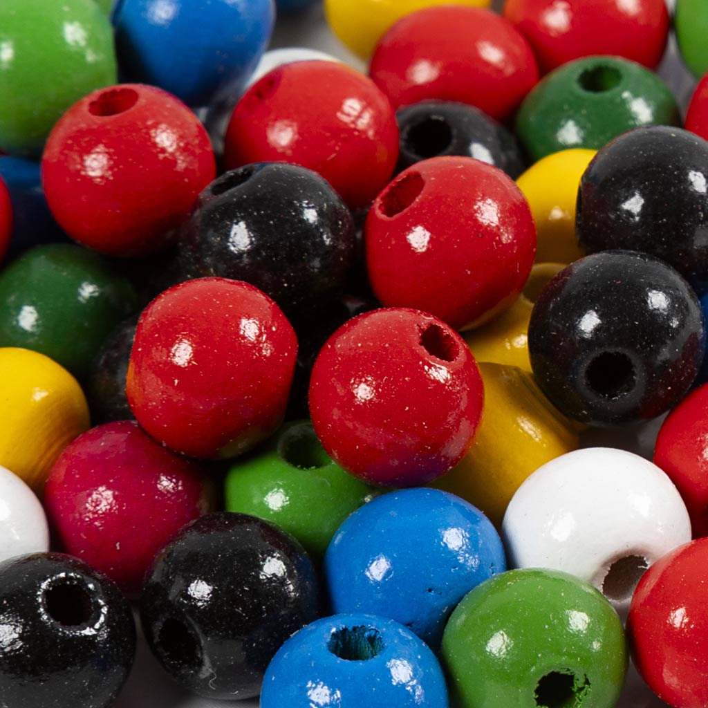 Wooden Beads Mix, dia. 10 mm, hole size 3 mm, ca. 70 asstd., assorted colours, 20 g