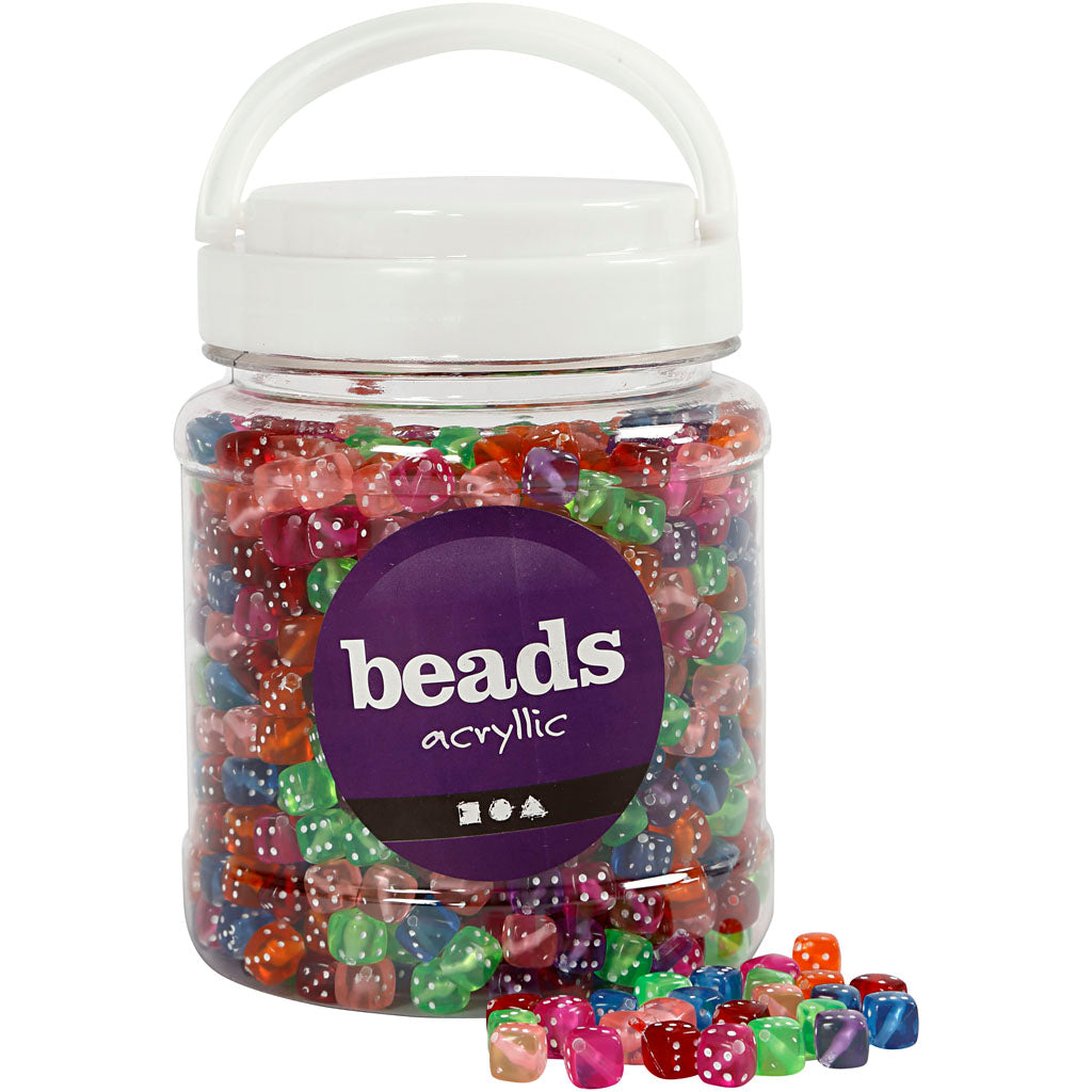 Dice Beads, size 7x7 mm, hole size 1,5 mm, ca. 1070 pc, assorted colours, 510 g, 700 ml/ 1 tub