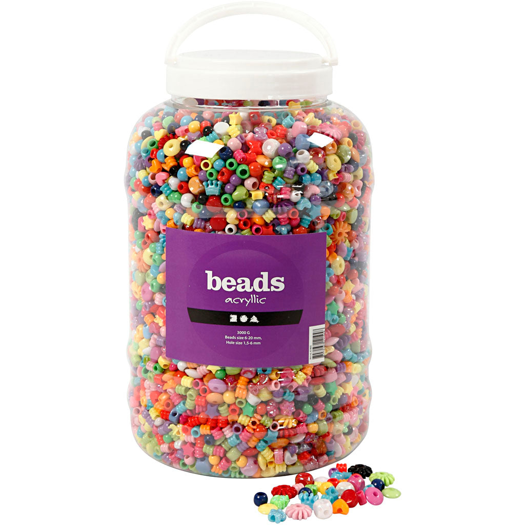 Bucket of Plastic Beads, size 6-20 mm, hole size 1,5-6 mm, ca. 8100 pc, 3000 g, 5700 ml/ 1 bucket