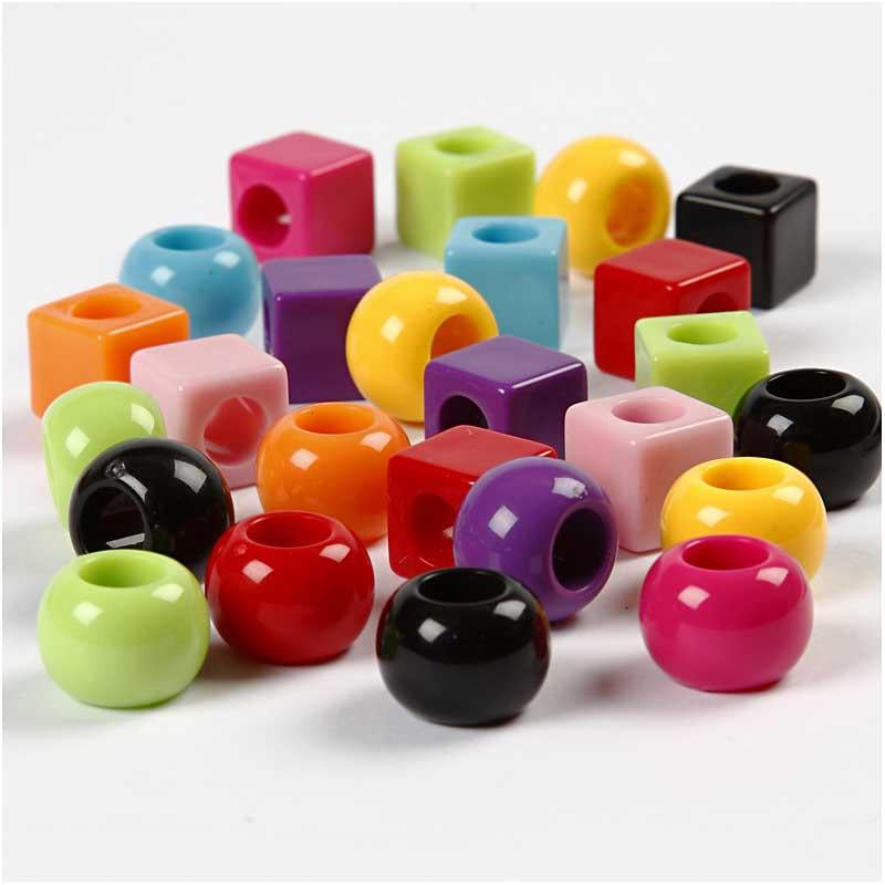 Plastic Beads, size 11 mm, hole size 7 mm, ca. 60 pc, assorted colours, 75 g, 150 ml