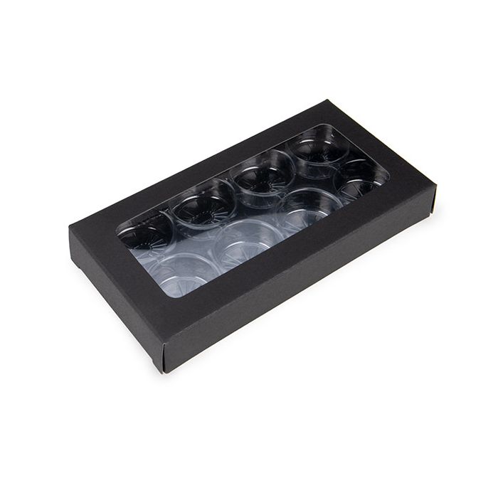 Black packaging box with clear window displaying small round items on a white background