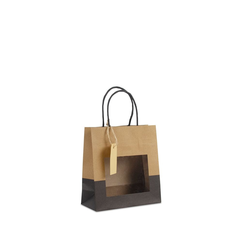 Gift bags with window and tag 12+10x35cm kraft/black (100 pcs)