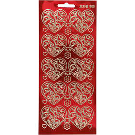 Autocollants, coeurs, feuille 10x23 cm, or, rouge transparent, 1 flles [HOB-170054]