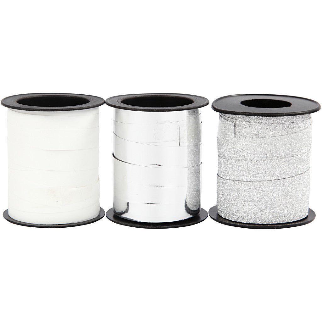 Cadeaulint, B: 10 mm, zilver, glitter zilver, wit, 3x15 m/ 1 doos [HOB-202412]