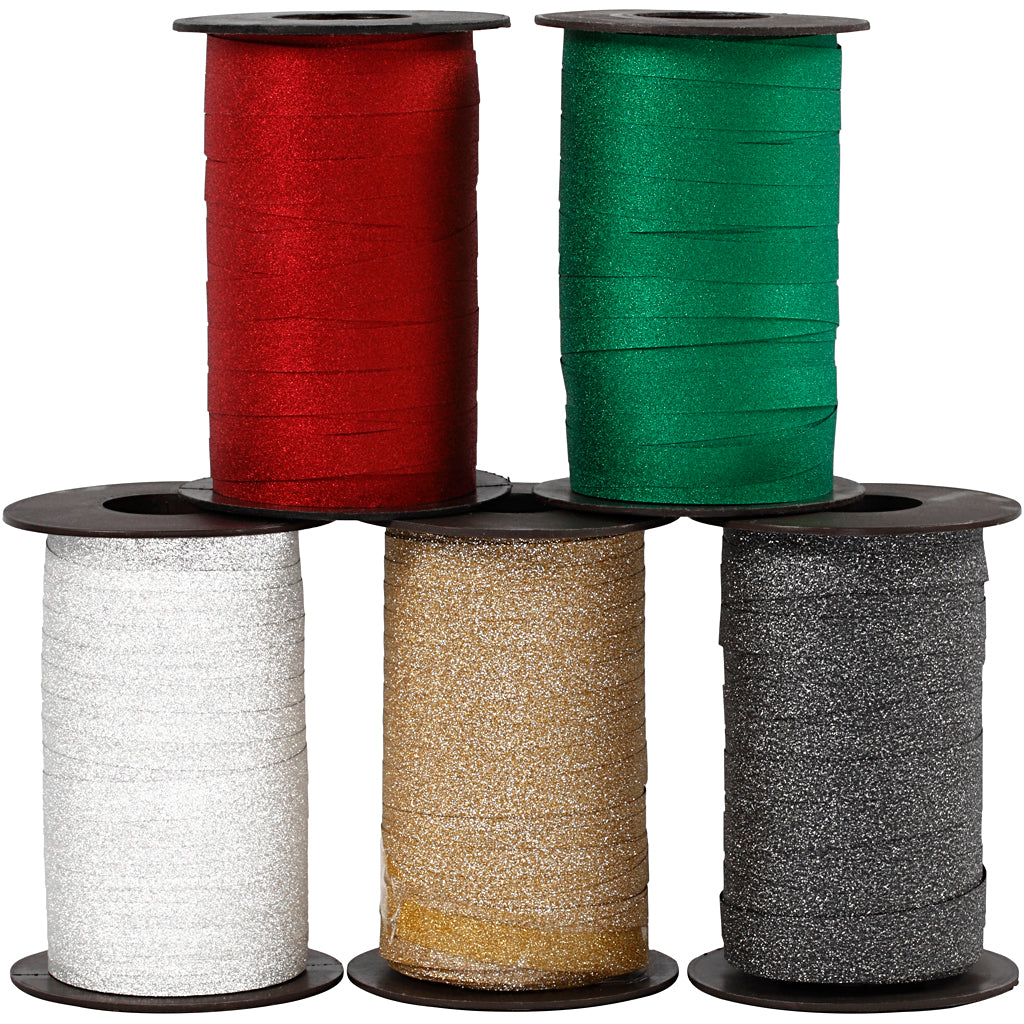 Curling Ribbon, W: 10 mm, glitter, assorted colours, 5x100 m
