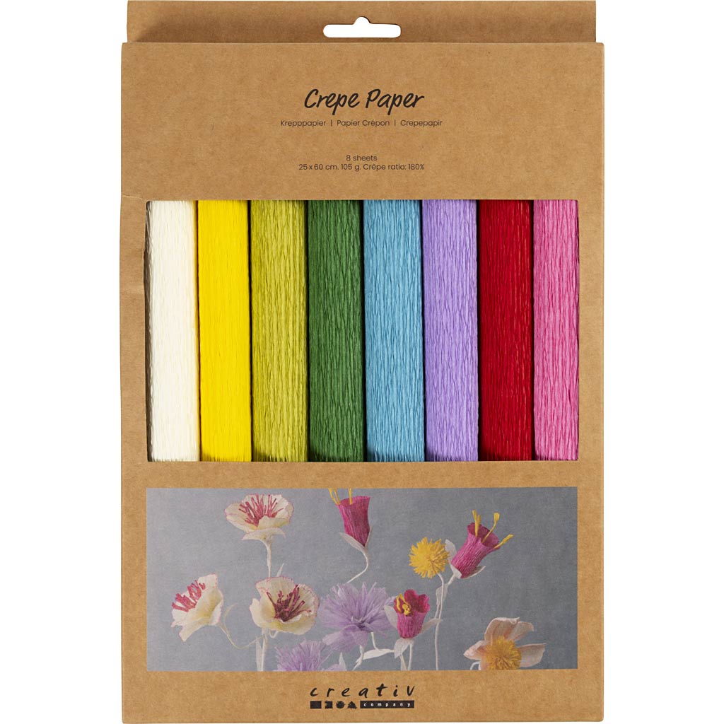 Crêpepapier, vel 25x60 cm, Crêpe-verhouding: 180%, 105 gr, standaardkleuren, 8 vel/ 1 doos [HOB-209003]