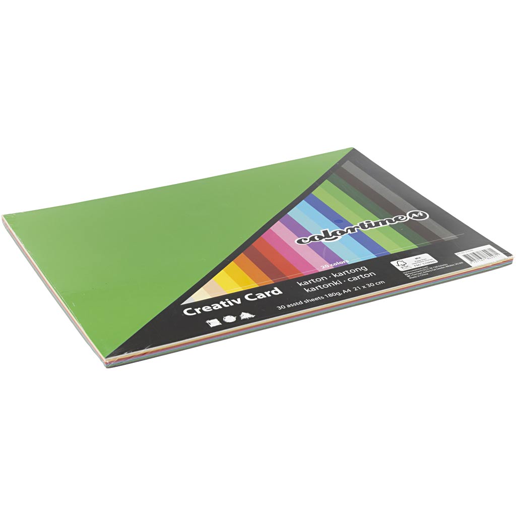 Gekleurd Karton, A4, vel 210x297 mm, 180 gr, diverse kleuren, 30 div vellen/ 1 doos [HOB-214240]