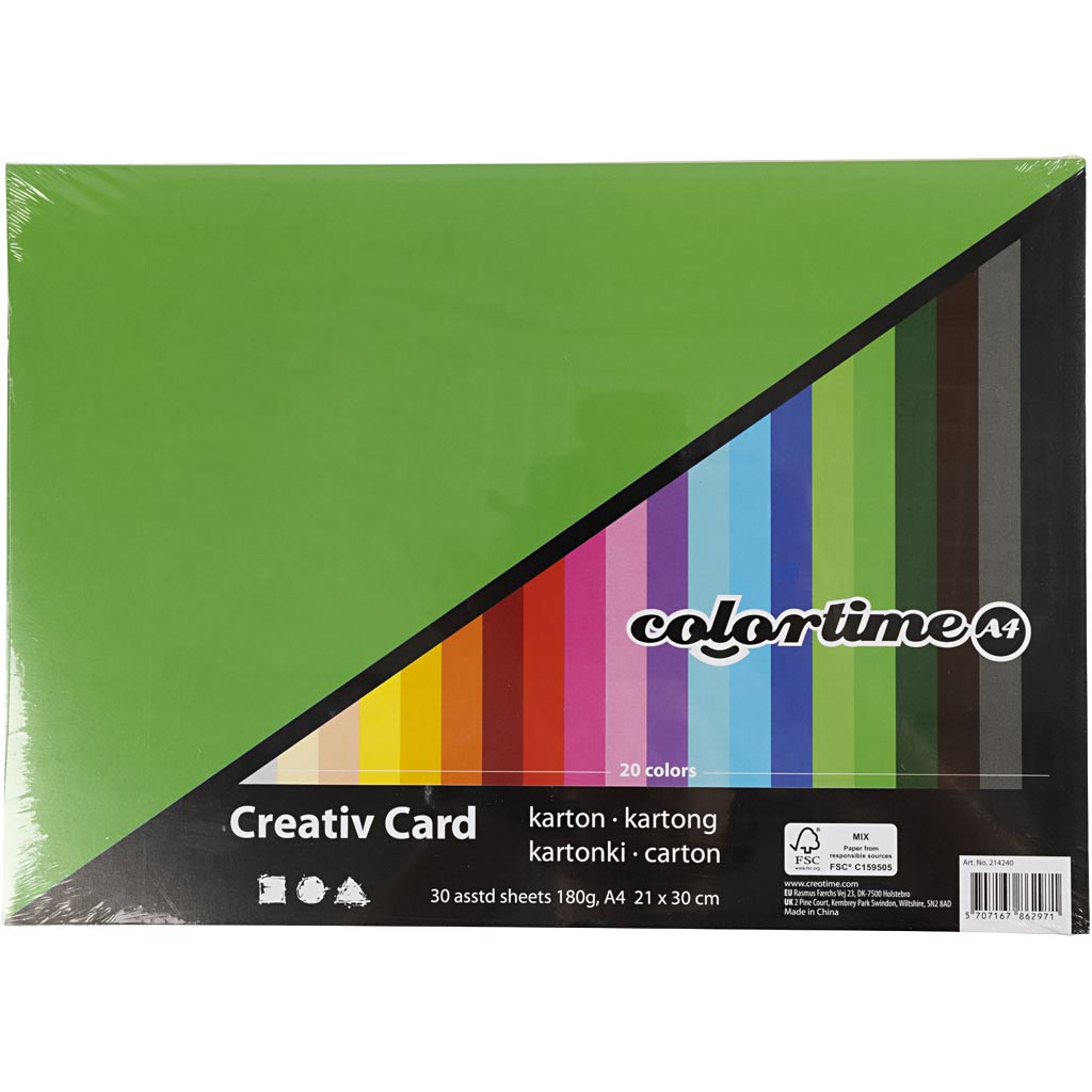 Gekleurd Karton, A4, vel 210x297 mm, 180 gr, diverse kleuren, 30 div vellen/ 1 doos [HOB-214240]