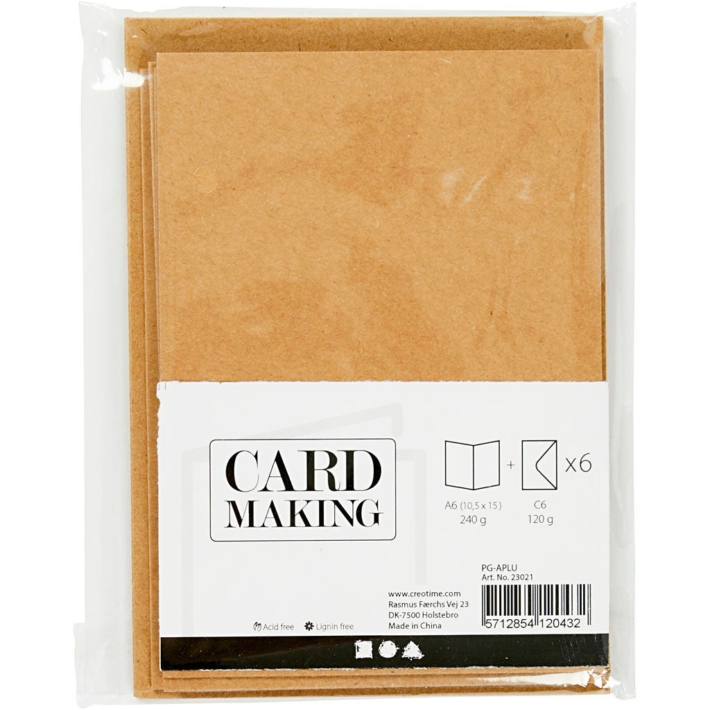 Cartes et enveloppes, dimension carte 10,5x15 cm, dimension enveloppes 11,5x16,5 cm, 110+230 gr, naturel, 6 set/ 1 Pq. [HOB-23021]