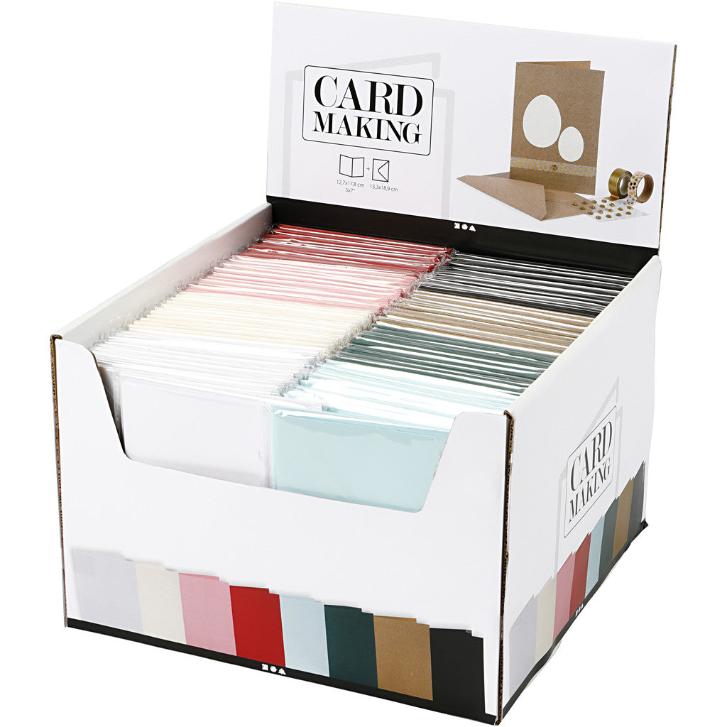 Kaarten en enveloppen, afmeting kaart 12,7x17,8 cm, afmeting envelop 13,3x18,5 cm, 230 gr, diverse kleuren, 8x10 doos/ 1 doos [HOB-230569]