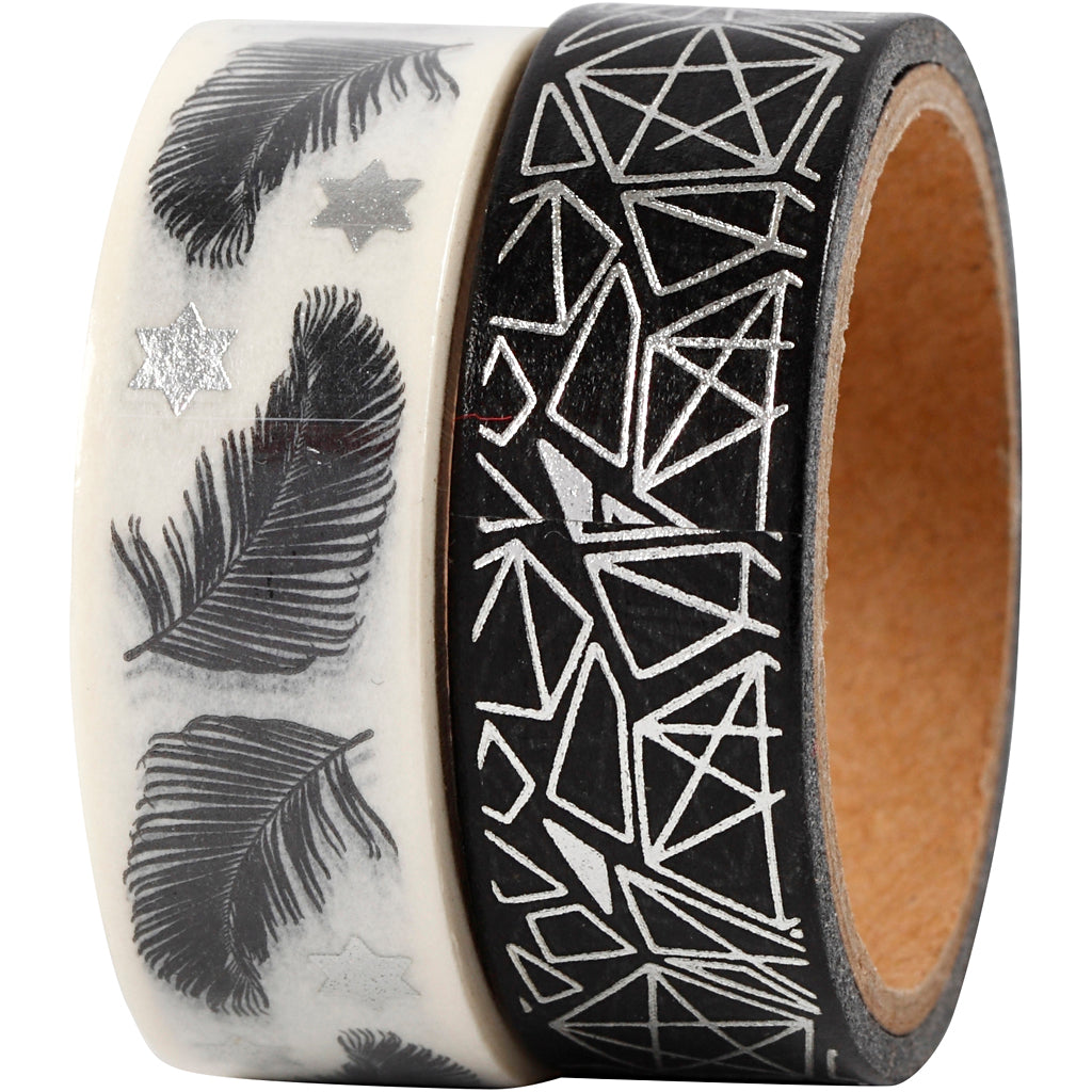 Washi Tape, feather and pattern -foil, W: 15 mm, 2x4 m