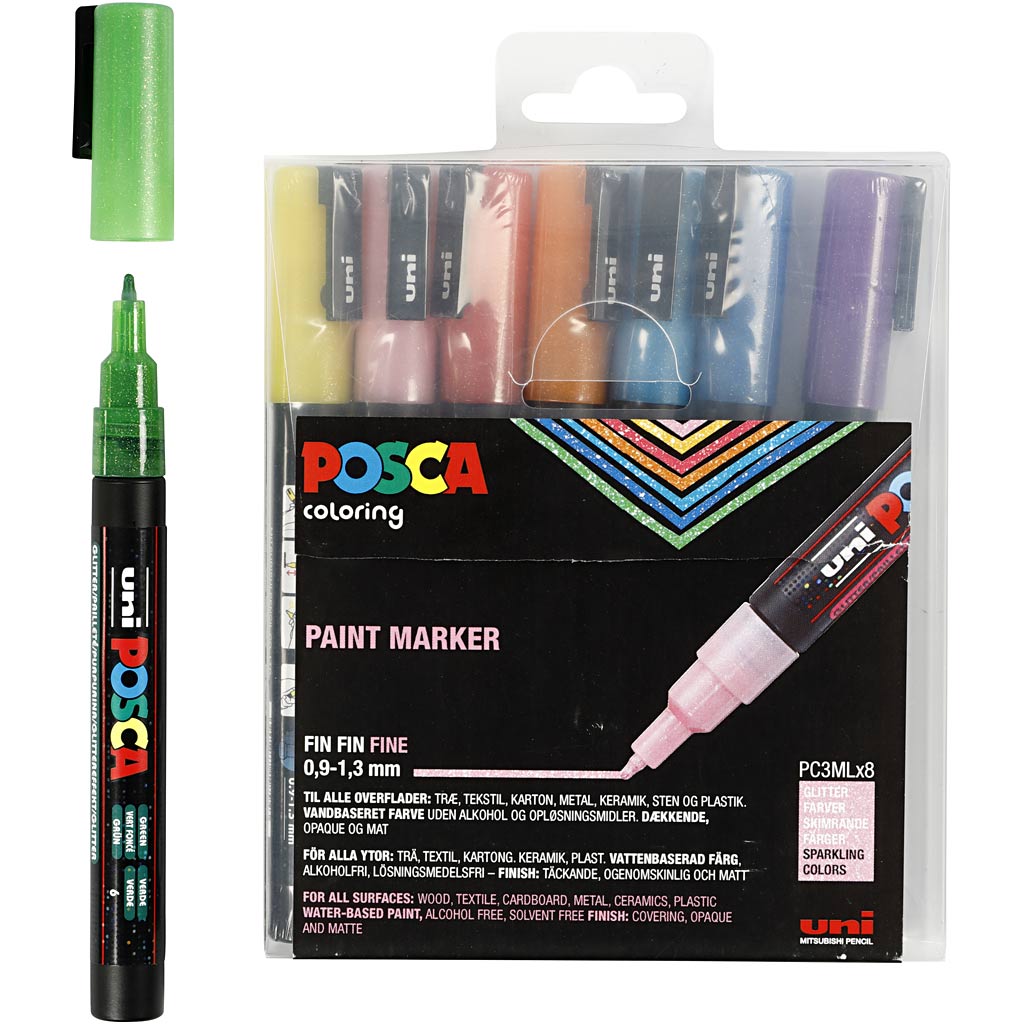 Feutre Posca, dim. PC-3ML, trait 0,9-1,3 mm, couleurs scintillantes, 8 pièces/ 1 Pq. [HOB-274899]