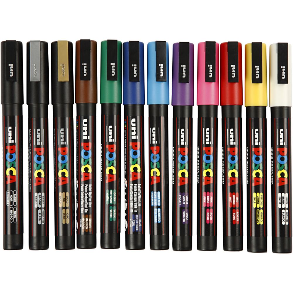 Feutre Posca, dim. PC-3M, trait 0,9-1,3 mm, fin, ass. de couleurs, 12 pièces/ 1 Pq. [HOB-274900]