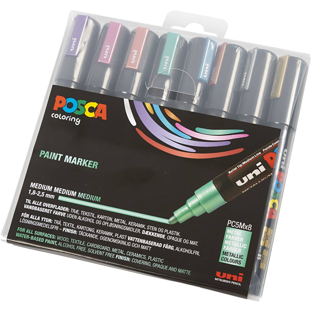 Posca Marker, afm PC-5M, lijndikte 2,5 mm, medium, metallic kleuren, 8 stuk/ 1 doos [HOB-276901]