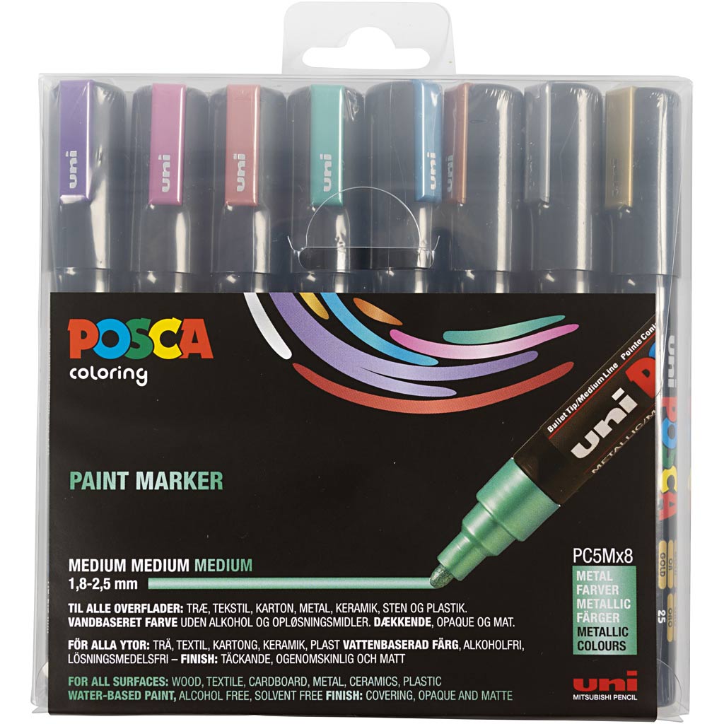 Posca Marker, afm PC-5M, lijndikte 2,5 mm, medium, metallic kleuren, 8 stuk/ 1 doos [HOB-276901]