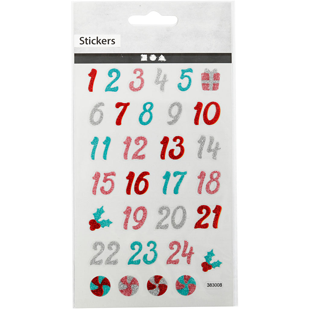 Glitter stickers, advent cijfers, vel 10x16 cm, 1 vel [HOB-280011]