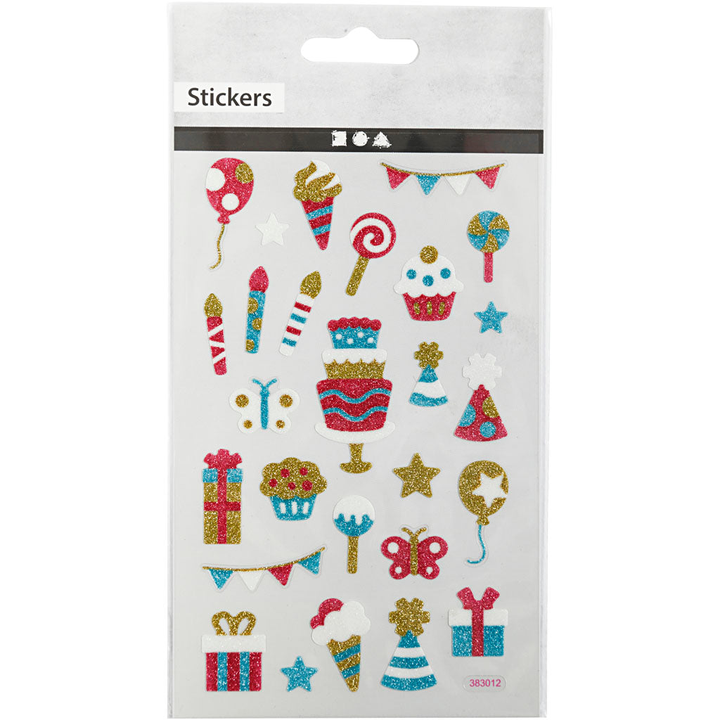 Glitter stickers, vejaardag, vel 10x16 cm, 1 vel [HOB-280016]