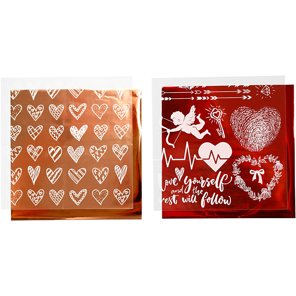 Deco Foil and transfer sheet, hearts and love, sheet 15x15 cm, red, 2x2 sheet