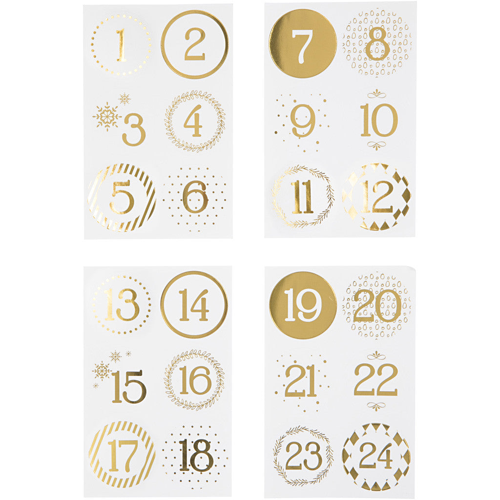 Kerstkalender cijfer stickers, d 40 mm, vel 9x14 cm, goud, wit, 4 vel/ 1 doos [HOB-28457]