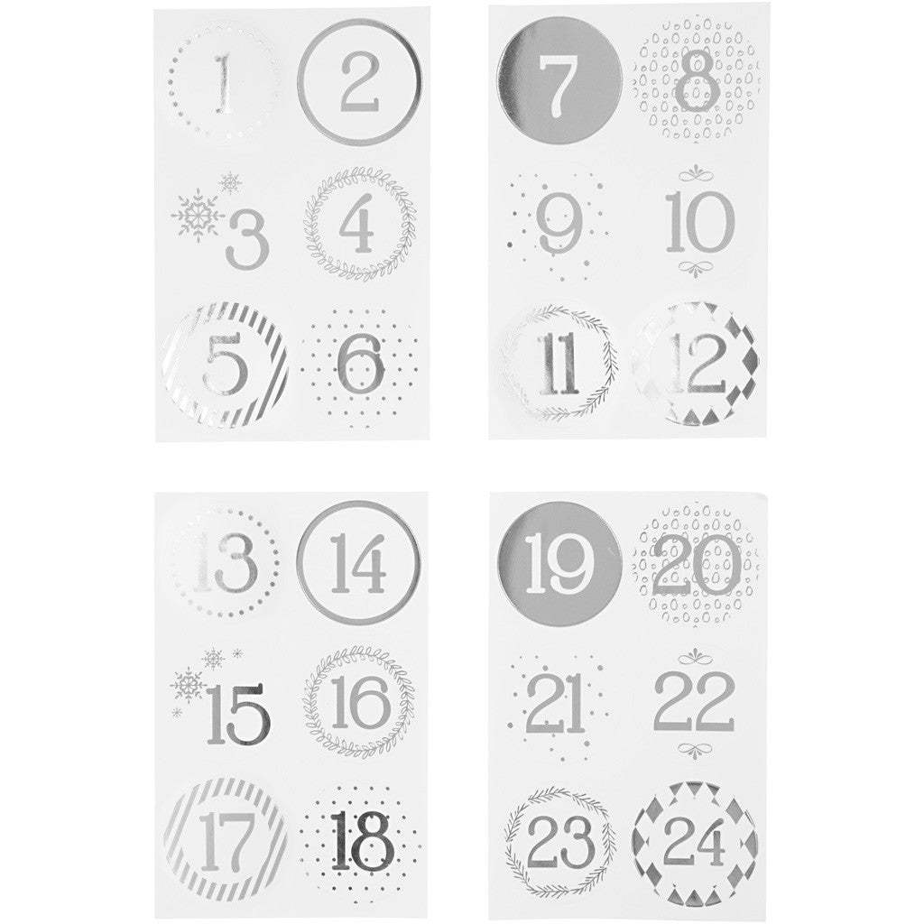 Chiffres autocollant de calendrier de l'Avent, d 40 mm, feuille 9x14 cm, argent, blanc, 4 flles/ 1 Pq. [HOB-28458]