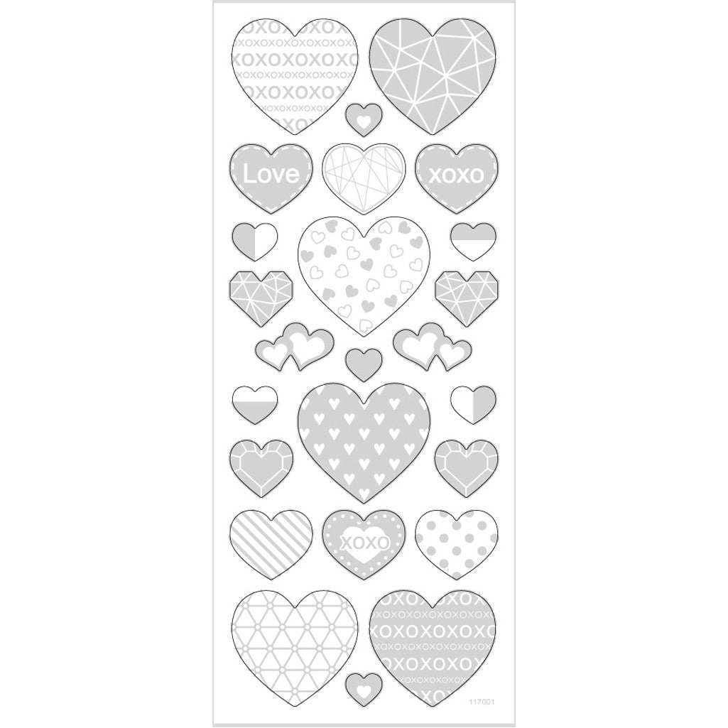 Autocollants, coeurs, feuille 10x24 cm, ca. 25 pièce, argent, 1 flles [HOB-29140]