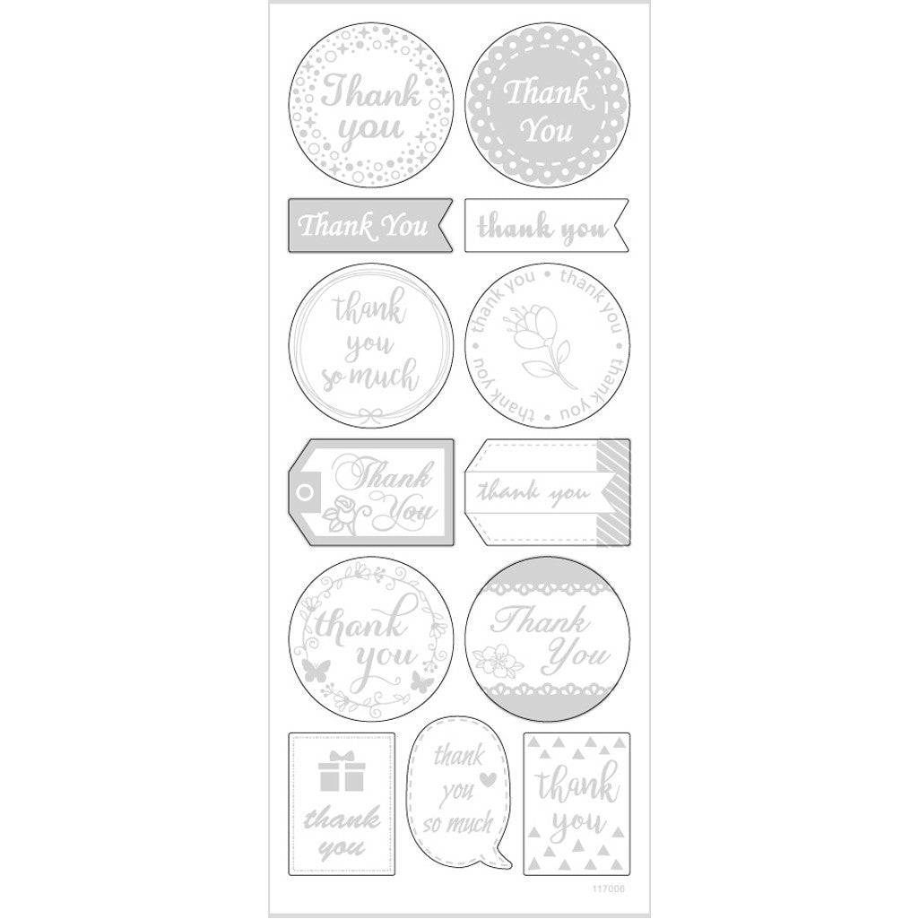 Stickers, thank you, vel 10x24 cm, ca. 13 stuk, zilver, 1 vel [HOB-29141]
