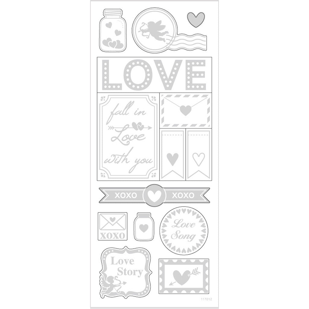 Stickers, love, vel 10x24 cm, ca. 14 stuk, zilver, 1 vel [HOB-29142]