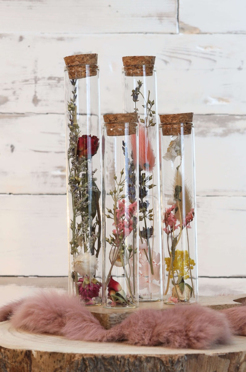 Tube en verre avec 2 fleurs séchées différentes Ø3cm - 15cm haut (12 pièces.) [IFS-29343]