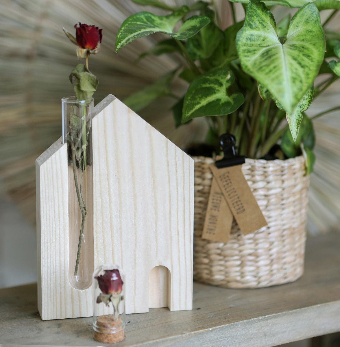 Support en bois forme maison avec tube à essai de 14 cm de haut (6 pièces.) [IFS-29649]