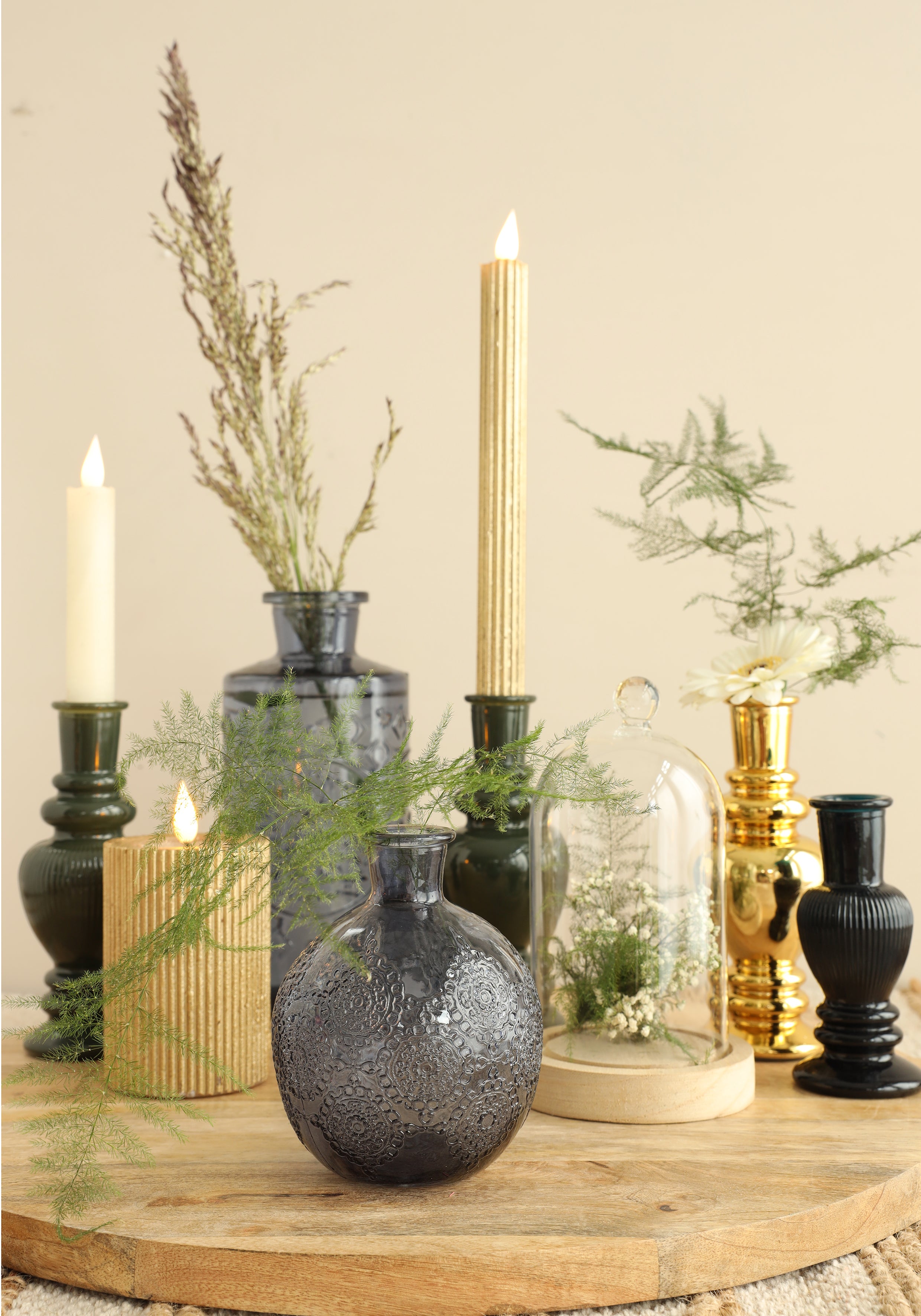 Glazen stolp met glazen knop met houten basis Ø14 h.23,5 cm (1 st) [IFS-29314]