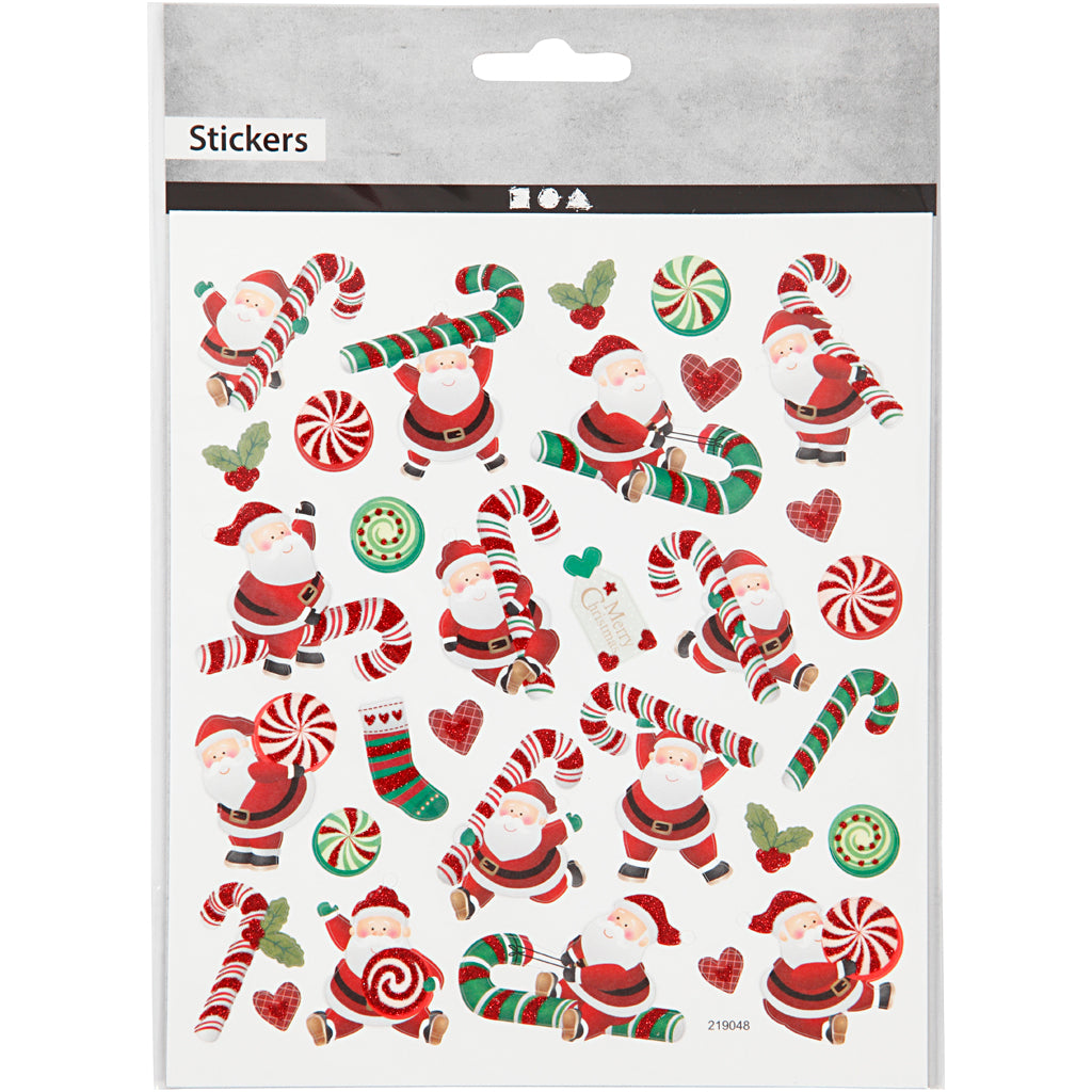 Stickers, kerstman met zuurstok, vel 15x16,5 cm, ca. 31 stuk, 1 vel [HOB-298941]
