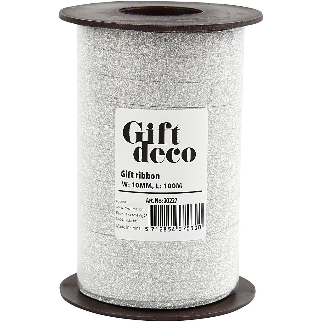 Cadeaulint, B: 10 mm, glitter, zilver, 100 m/ 1 doos [HOB-20227]