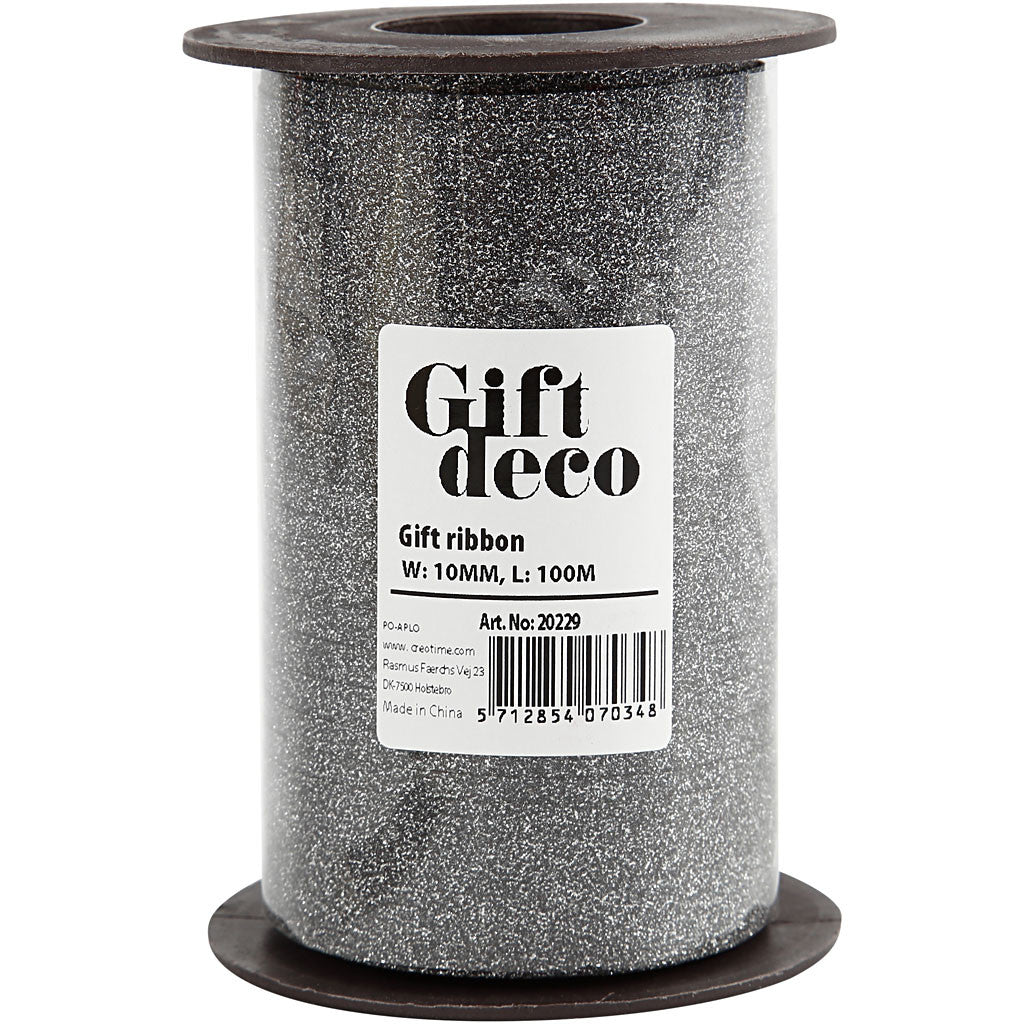 Cadeaulint, B: 10 mm, glitter, zwart, 100 m/ 1 rol [HOB-20229]