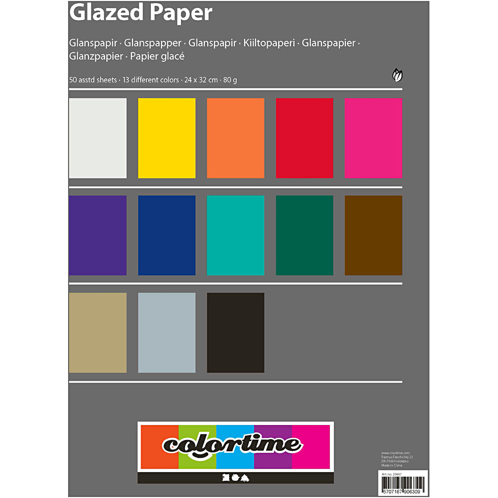 Glanspapier, vel 24x32 cm, 80 gr, diverse kleuren, 50 vel/ 1 doos [HOB-20467]