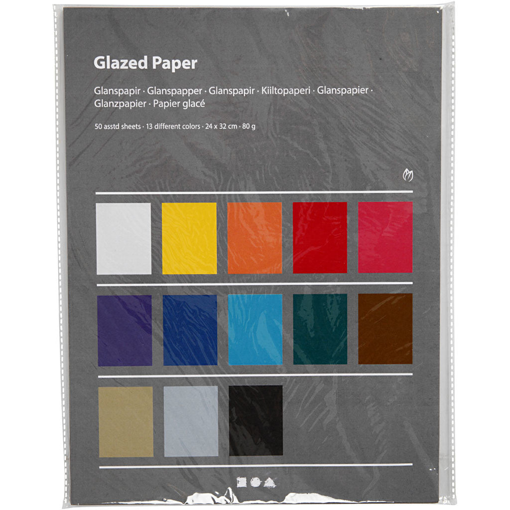 Glanspapier, vel 24x32 cm, 80 gr, diverse kleuren, 50 vel/ 1 doos [HOB-20467]
