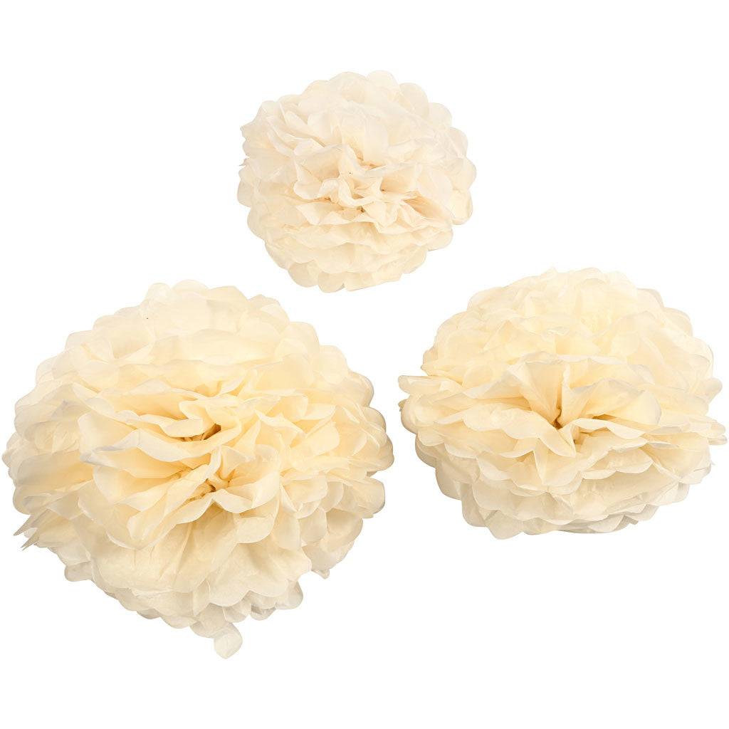 Pompons en papier, d 20+24+30 cm, 16 gr, blanc cassé, 3 pièces/ 1 Pq. [HOB-20472]