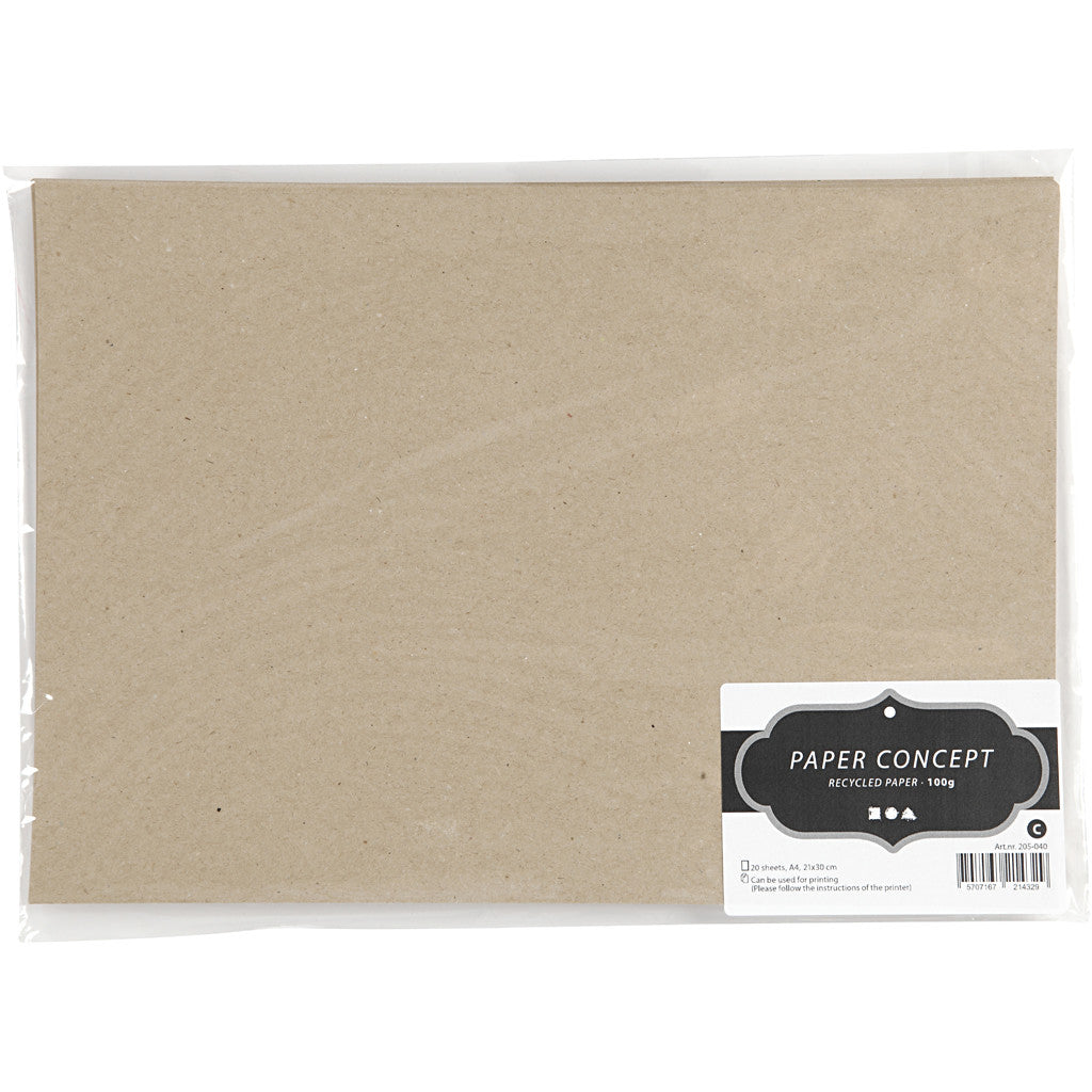 Papier Cartonné Recyclé, A4, feuille 210x297 mm, 100 gr, brun gris, 20 flles/ 1 Pq. [HOB-205040]